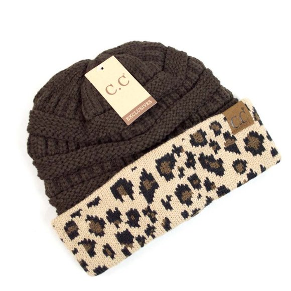 C.C® Brown & Beige Leopard-Fold Beanie - Picture 1 of 8
